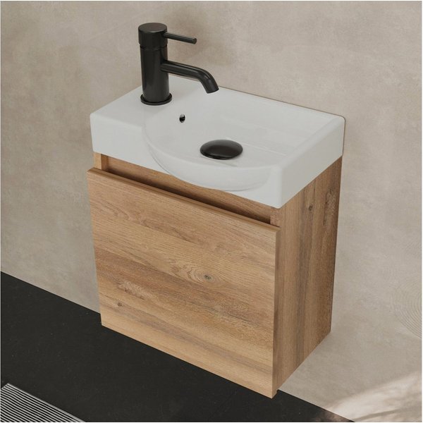Alpenberger Waschtisch-Set Waschtisch mit Unterschrank hängend 45 cm Gäste WC, (Soft-Close Tür, MDF Bamboo, Keramik Becken Rechts mit Überlauf), Waschbecken mit