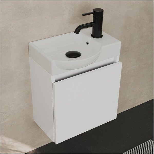 Alpenberger Waschtisch-Set Waschtisch mit Unterschrank hängend 45 cm Gäste WC, (Soft-Close Tür, MDF Weiß, Keramik Becken Links mit Überlauf), Waschbecken mit Un