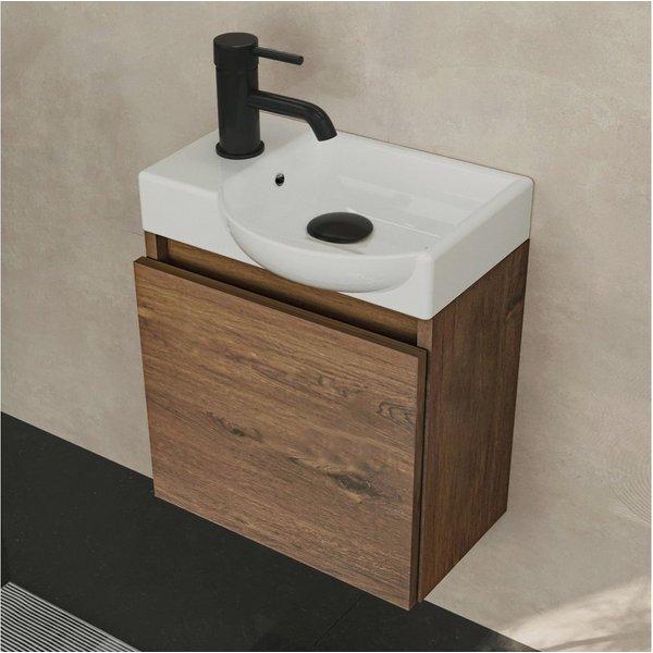 Alpenberger Waschtisch-Set Waschtisch mit Unterschrank hängend 45 cm Gäste WC, (Soft-Close Tür, MDF Eiche, Keramik Becken Rechts mit Überlauf), Waschbecken mit 