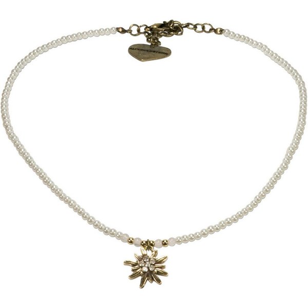Alpenflüstern Collier Filigran Perlen-Trachtenkette Strass-Edelweiß (creme-weiß), - Damen-Trachtenschmuck mit antik-gold-farbenem Edelweiss, Dirndlkette