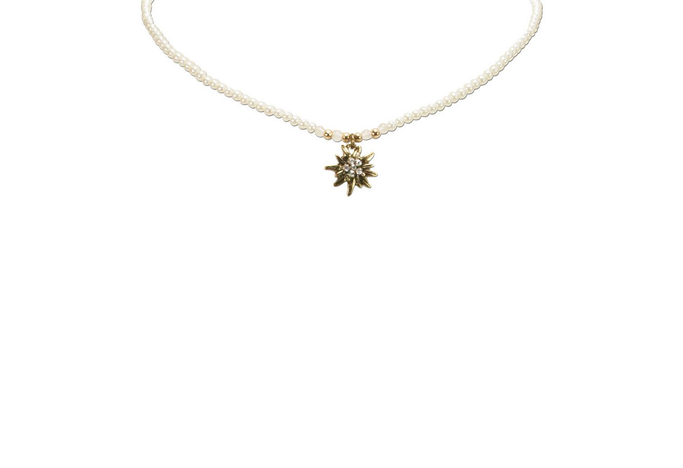 Alpenflüstern Collier Filigran Perlen-Trachtenkette Strass-Edelweiß (creme-weiß), - Damen-Trachtenschmuck mit antik-gold-farbenem Edelweiss, Dirndlkette – Bild 3 von 4
