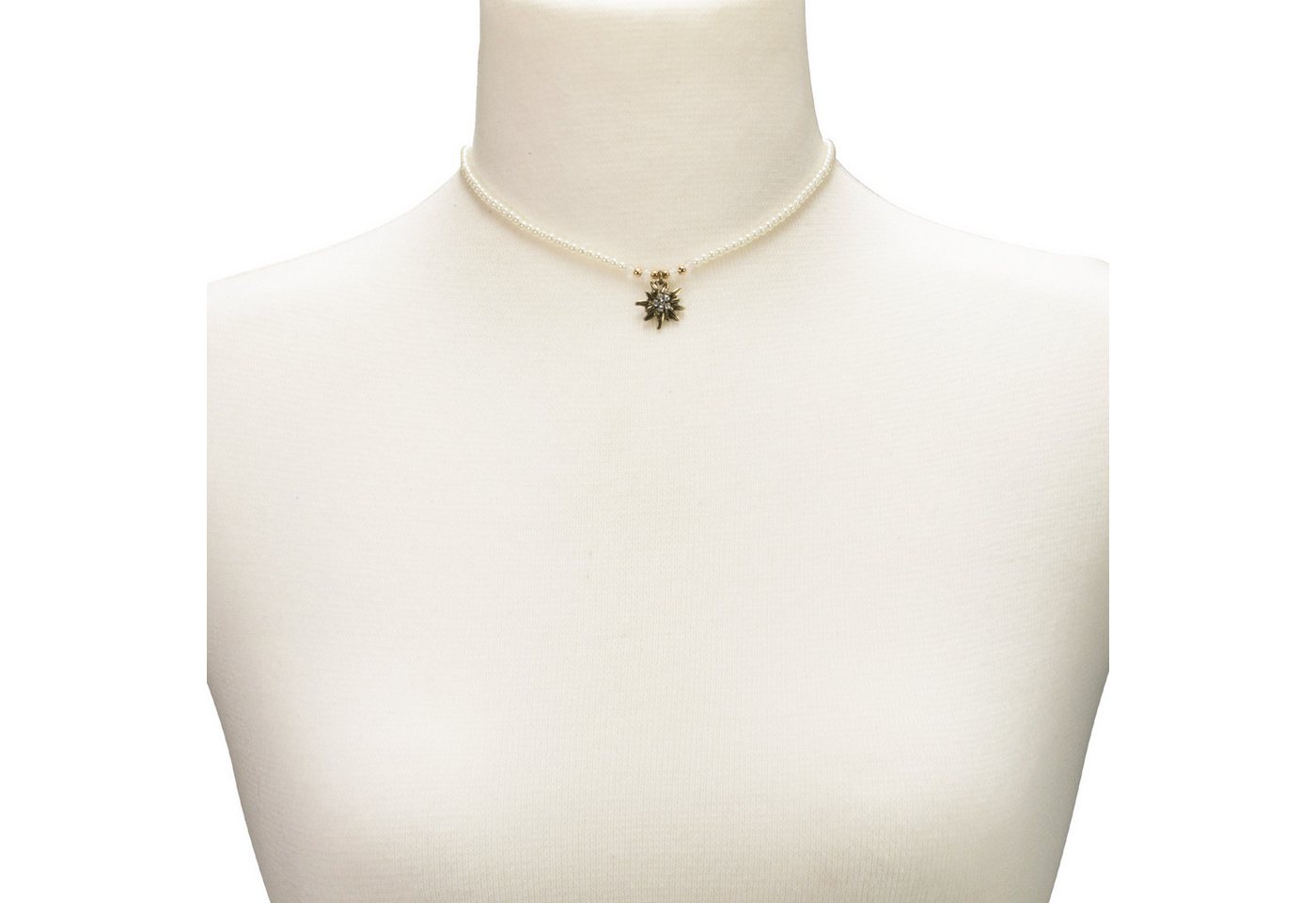 Alpenflüstern Collier Filigran Perlen-Trachtenkette Strass-Edelweiß (creme-weiß), - Damen-Trachtenschmuck mit antik-gold-farbenem Edelweiss, Dirndlkette – Bild 4 von 4