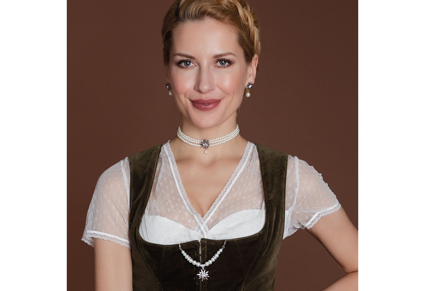 Alpenflüstern Kette mit Anhänger Dirndl-Charivari Mini Fiona (creme-weiß), - Hochwertiger Damen-Trachtenschmuck mit Perlen und Strass-Edelweiß, D – Bild 2 von 2