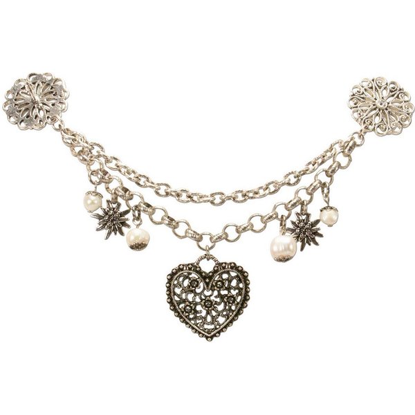 Alpenflüstern Kette mit Anhänger Dirndl-Pin-Charivari Blütenherz (antik-silber-farben), - Hochwertiger Damen-Trachtenschmuck mit Perlen und Blütenherz, Dirndl