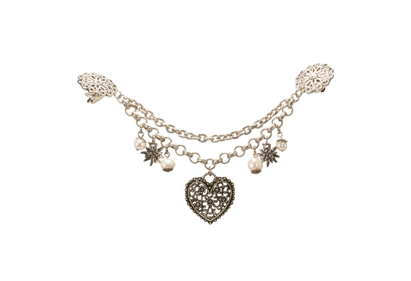 Alpenflüstern Kette mit Anhänger Dirndl-Pin-Charivari Blütenherz (antik-silber-farben), - Hochwertiger Damen-Trachtenschmuck mit Perlen und Blütenherz, Dirndl – Bild 2 von 3