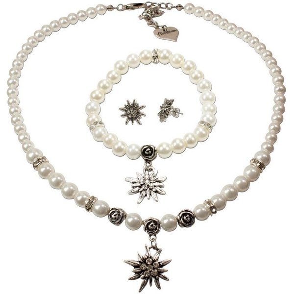 Alpenflüstern Ketten-Set Trachtenschmuck-Set Perlen-Trachtenkette, Armband und Ohrstecker Strass-Edelweiß (creme-weiß), - Damen-Trachten-Schmuck, Trachtenset Di