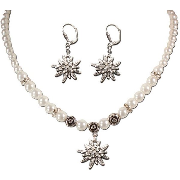 Alpenflüstern Ketten-Set Trachtenschmuck-Set Perlen-Trachtenkette und Trachten-Ohrhänger Strass-Edelweiß (creme-weiß), - Damen-Trachten-Schmuck, Trachtenset Dir