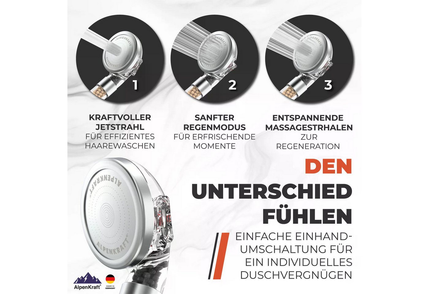 AlpenKraft Duschbrause ZugSpitze Premium mit Filter, (1-tlg), Integrierte Filtertechnologie, 3 Strahlarten und Wassersparend – Bild 4 von 5