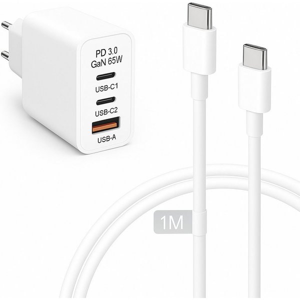 Alpha Electronics 65W USB-C Schnellladegerät für Samsung S25 S24 S23 iPhone 16 15 Huawei Smartphone-Ladegerät (3250 mA, Sonderangebot, 2-tlg., inklusive 1 Meter