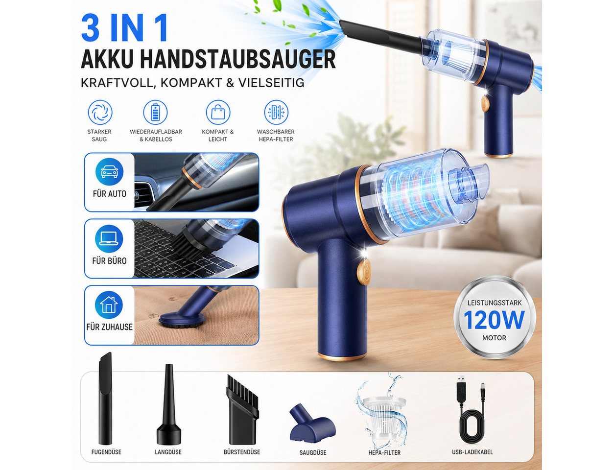 Alpha Electronics Handstaubsauger 3in1 Akku Staubsauger mit Beleuchtung, 120 W, mit Beutel, 5 Aufsätze + Ladekabel, Saug- & Ausblasfunktion – Bild 2 von 5