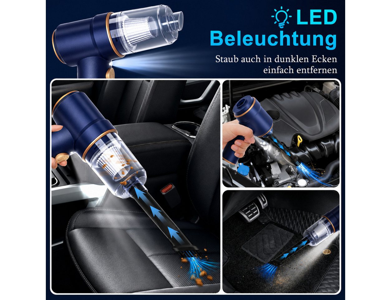 Alpha Electronics Handstaubsauger 3in1 Akku Staubsauger mit Beleuchtung, 120 W, mit Beutel, 5 Aufsätze + Ladekabel, Saug- & Ausblasfunktion – Bild 4 von 5