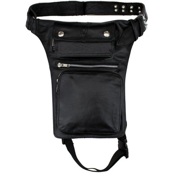 Alpha Speeds Beintasche / Bauchtasche aus echtem Leder Motorrad, Biker und Freizeit Schwarz, hochwertiges Echtleder, 3 Frontfächer & 1 großes Rückfach