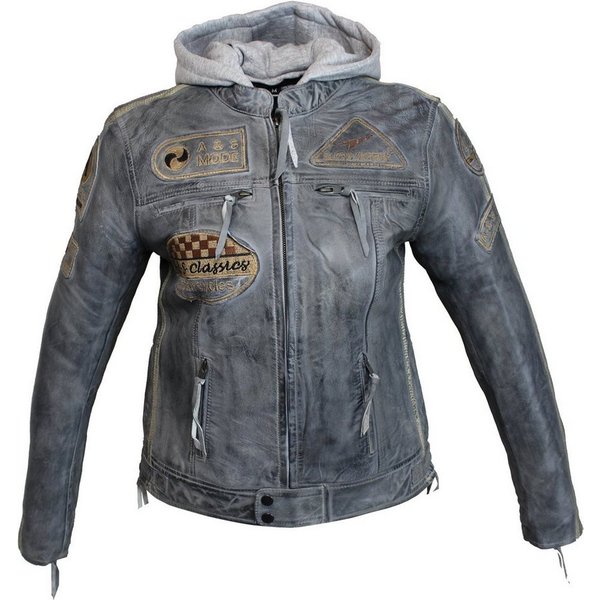 Alpha Speeds Bikerjacke Damen Leder Jacke Biker Freizeit Highway Jacke Grau aus weichem Lammleder, mit Protektoren & Kapuze