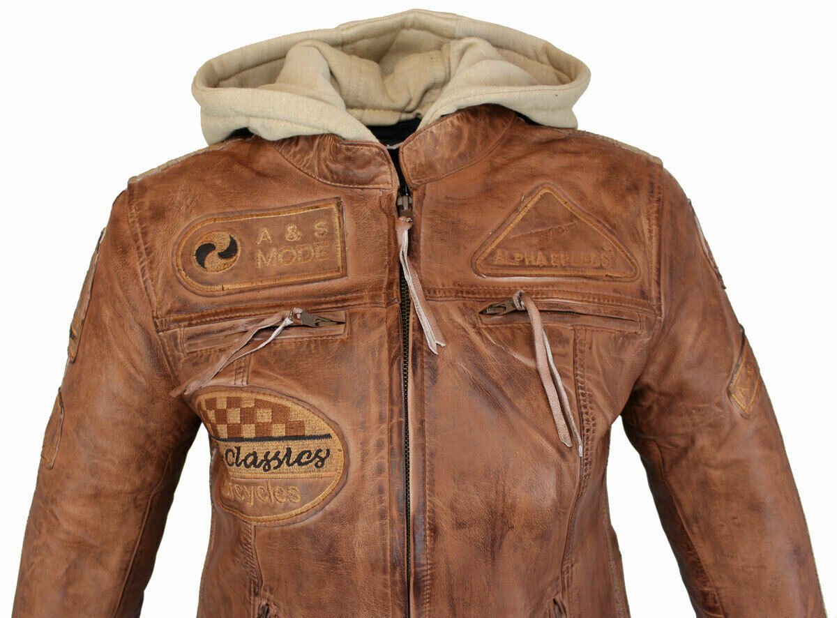 Alpha Speeds Bikerjacke Damen Leder Jacke Biker Freizeit Highway Jacke König Braun aus weichem Lammleder, mit Protektoren & Kapuze – Bild 4 von 5