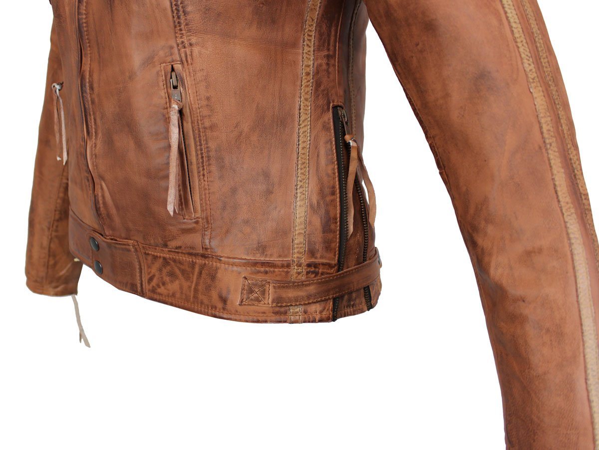 Alpha Speeds Bikerjacke Damen Leder Jacke Biker Freizeit Highway Jacke König Braun aus weichem Lammleder, mit Protektoren & Kapuze – Bild 5 von 5