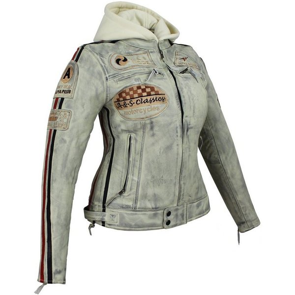 Alpha Speeds Bikerjacke Damen Leder Jacke Biker Freizeit Highway Jacke Weiß aus weichem Lammleder, mit Protektoren & Kapuze