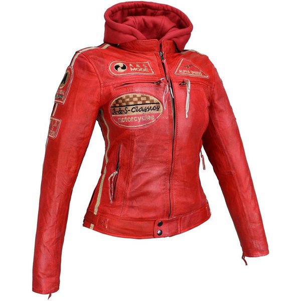 Alpha Speeds Bikerjacke - /Freizeit Damen Highway 11 Lederjacke Rot 2-in-1 mit abnehmbarer Kapuze, inklusive einsetzbarer Protektoren