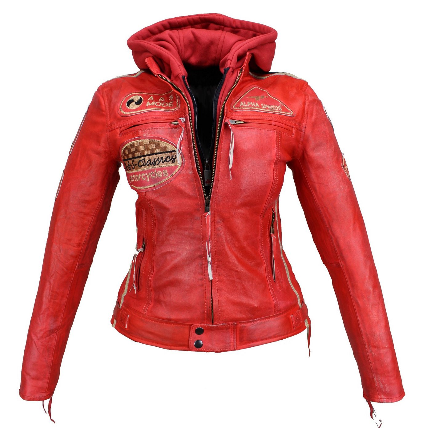 Alpha Speeds Bikerjacke - /Freizeit Damen Highway 11 Lederjacke Rot 2-in-1 mit abnehmbarer Kapuze, inklusive einsetzbarer Protektoren – Bild 2 von 3