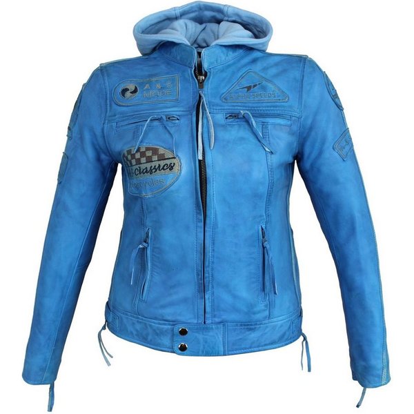 Alpha Speeds Lederjacke Damen Motorrad Leder Jacke Biker, Freizeit Highway Jacke Blau aus weichem Lammleder, mit Protektoren & Kapuze