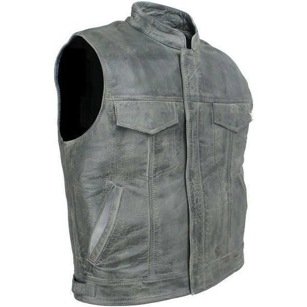 Alpha Speeds Lederweste Herren ANARCHY KLASSIKER Motorrad/Biker in Retro/Vintage Grau Robustes Rindsleder, viele Taschen, verstellbar, YYK-Verschluss