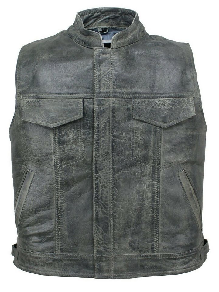 Alpha Speeds Lederweste Herren ANARCHY KLASSIKER Motorrad/Biker in Retro/Vintage Grau Robustes Rindsleder, viele Taschen, verstellbar, YYK-Verschluss – Bild 2 von 4