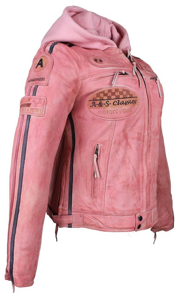 Alpha Speeds Motorradjacke - /Freizeit Damen Lammlederjacke Bikerjacke Highway 11 (mit einer abnehmbaren Kapuze) aus weichem Lammleder, inklusive einsetzbarer P – Bild 3 von 5