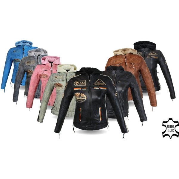 Alpha Speeds Motorradjacke - /Freizeit Damen Lammlederjacke Bikerjacke Highway 11 (mit einer abnehmbaren Kapuze) aus weichem Lammleder, inklusive einsetzbarer P