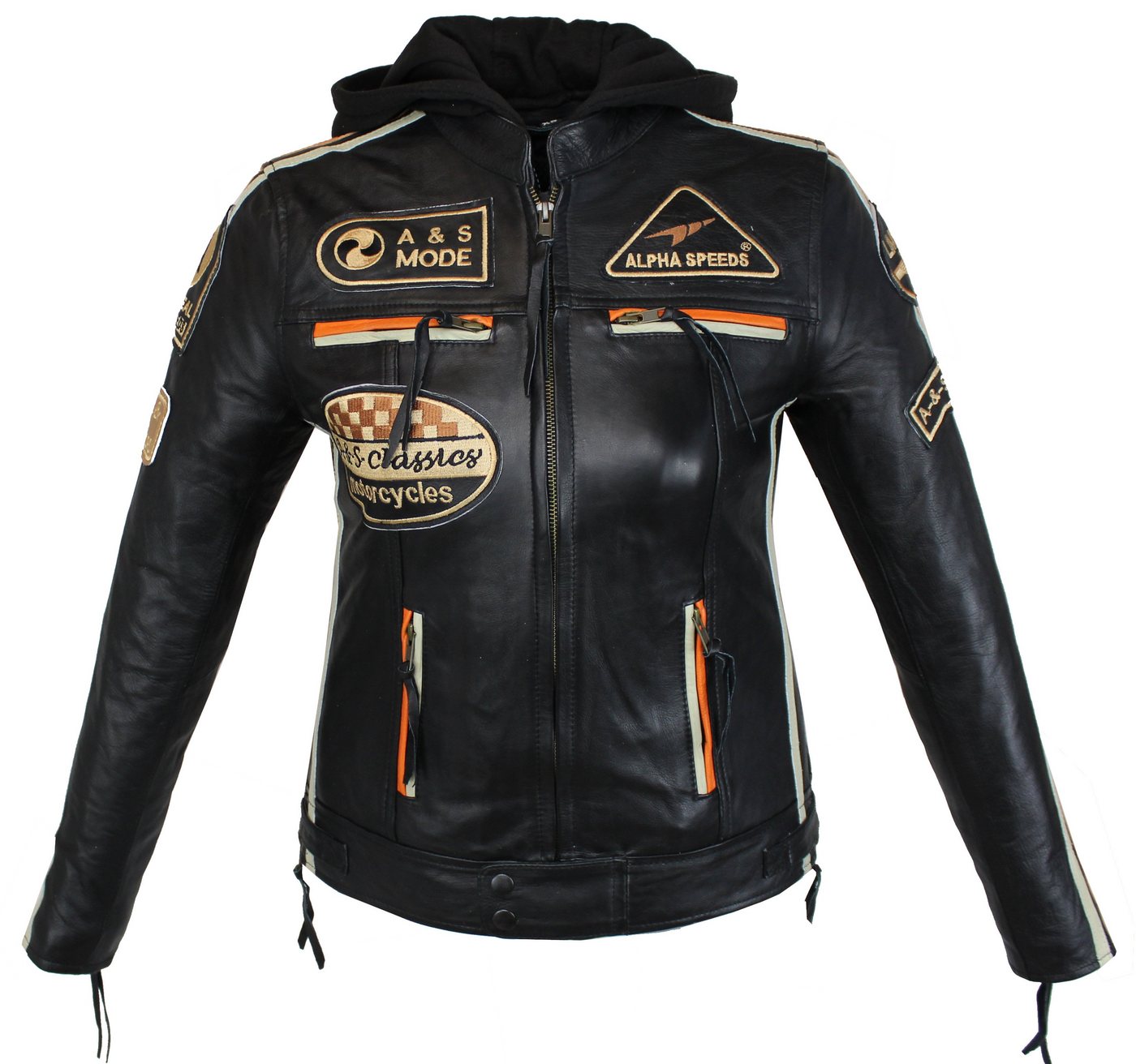 Alpha Speeds Motorradjacke - /Freizeit Damen Lammlederjacke Bikerjacke Highway 11 (mit einer abnehmbaren Kapuze) aus weichem Lammleder, inklusive einsetzbarer P – Bild 2 von 5