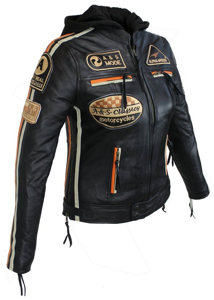 Alpha Speeds Motorradjacke - /Freizeit Damen Lammlederjacke Bikerjacke Highway 11 (mit einer abnehmbaren Kapuze) aus weichem Lammleder, inklusive einsetzbarer P – Bild 3 von 5