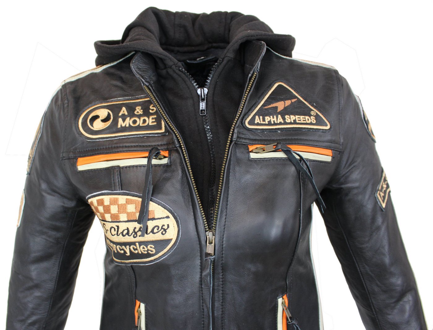 Alpha Speeds Motorradjacke - /Freizeit Damen Lammlederjacke Bikerjacke Highway 11 (mit einer abnehmbaren Kapuze) aus weichem Lammleder, inklusive einsetzbarer P – Bild 4 von 5
