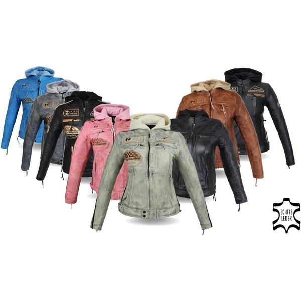 Alpha Speeds Motorradjacke - /Freizeit Damen Lammlederjacke Bikerjacke Highway 11 (mit einer abnehmbaren Kapuze) aus weichem Lammleder, inklusive einsetzbarer P