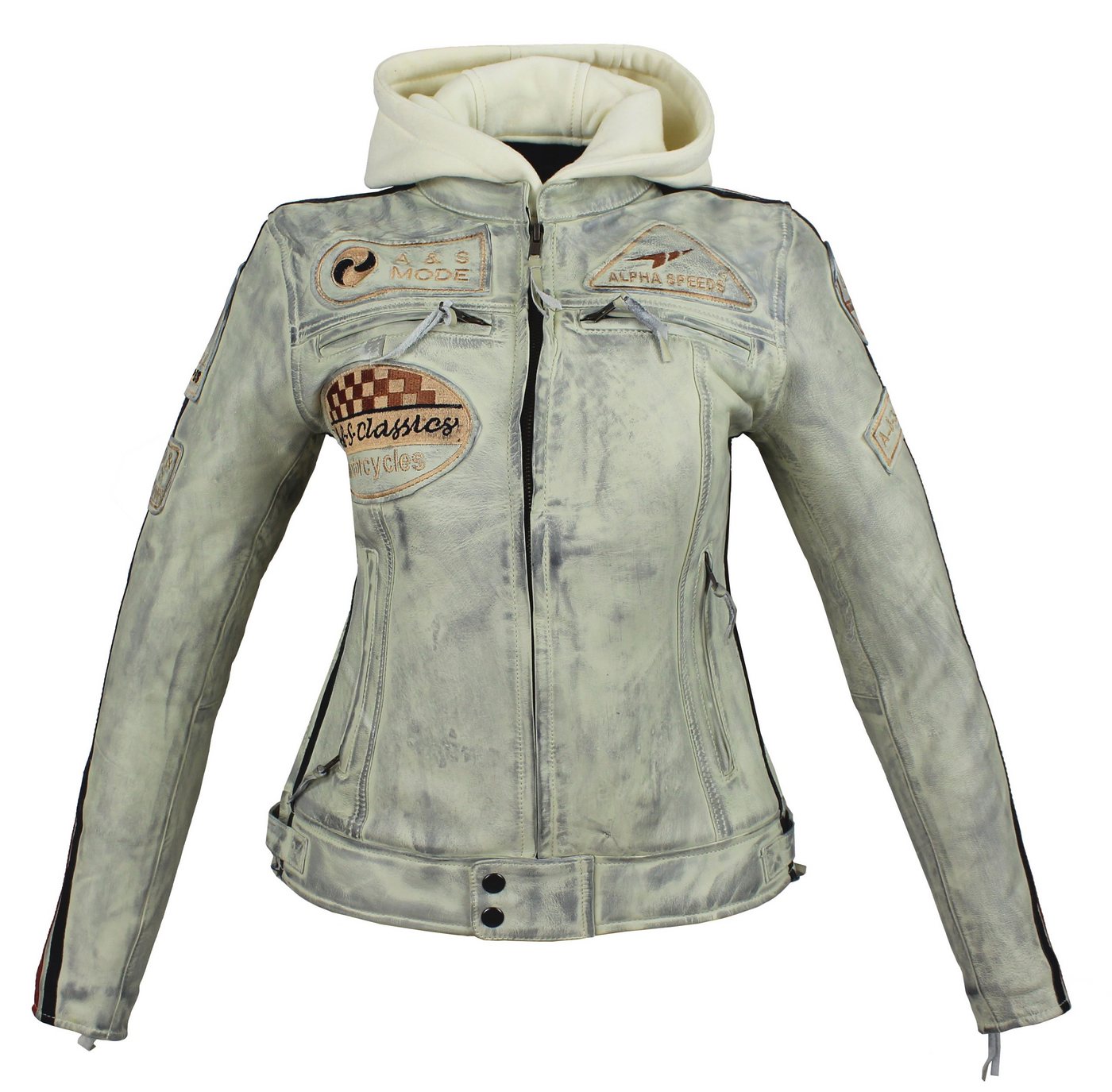 Alpha Speeds Motorradjacke - /Freizeit Damen Lammlederjacke Bikerjacke Highway 11 (mit einer abnehmbaren Kapuze) aus weichem Lammleder, inklusive einsetzbarer P – Bild 2 von 5