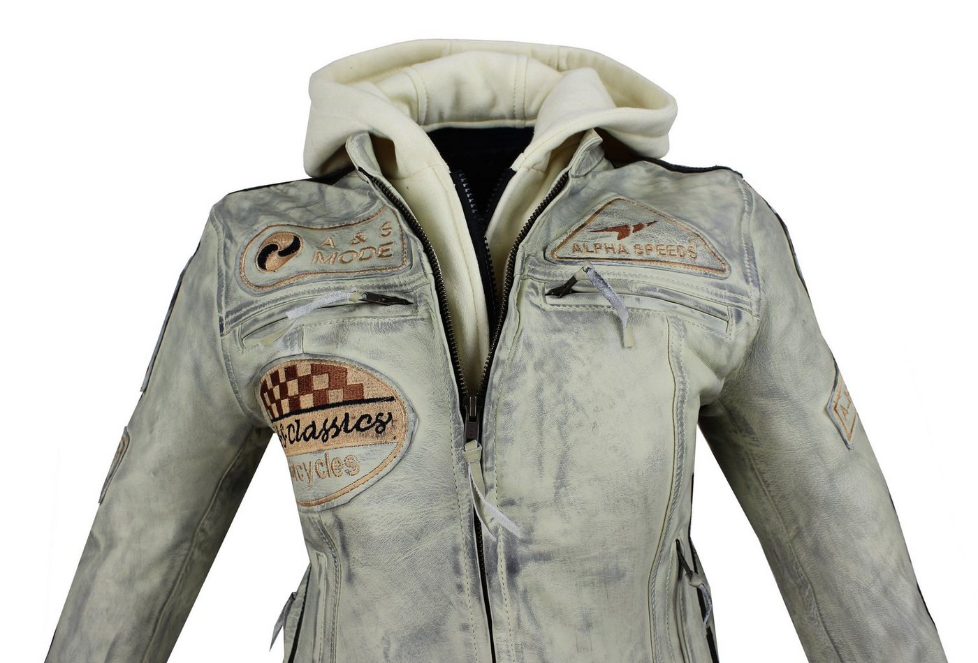 Alpha Speeds Motorradjacke - /Freizeit Damen Lammlederjacke Bikerjacke Highway 11 (mit einer abnehmbaren Kapuze) aus weichem Lammleder, inklusive einsetzbarer P – Bild 4 von 5