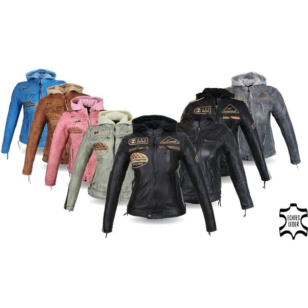 Alpha Speeds Motorradjacke - /Freizeit Damen Lammlederjacke Bikerjacke Highway 11 (mit einer abnehmbaren Kapuze) aus weichem Lammleder, inklusive einsetzbarer P
