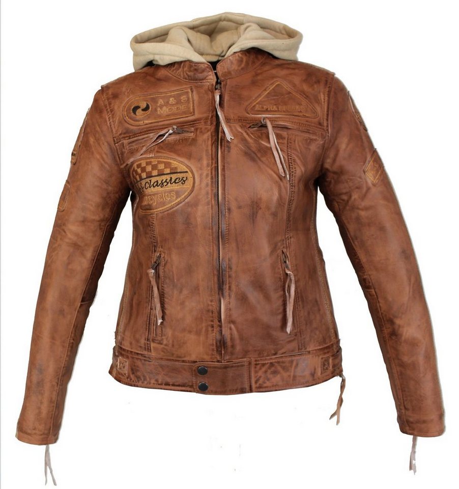 Alpha Speeds Motorradjacke - /Freizeit Damen Lammlederjacke Bikerjacke Highway 11 (mit einer abnehmbaren Kapuze) aus weichem Lammleder, inklusive einsetzbarer P – Bild 2 von 5