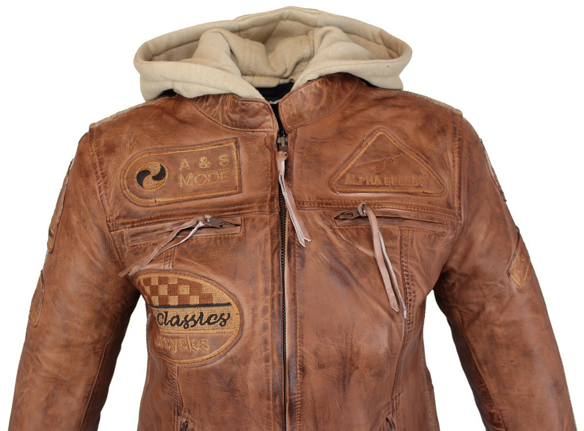 Alpha Speeds Motorradjacke - /Freizeit Damen Lammlederjacke Bikerjacke Highway 11 (mit einer abnehmbaren Kapuze) aus weichem Lammleder, inklusive einsetzbarer P – Bild 4 von 5