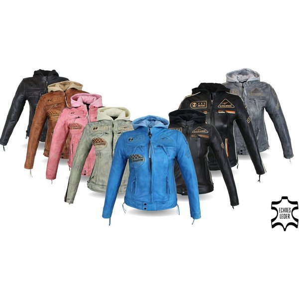 Alpha Speeds Motorradjacke - /Freizeit Damen Lammlederjacke Bikerjacke Highway 11 (mit einer abnehmbaren Kapuze) aus weichem Lammleder, inklusive einsetzbarer P