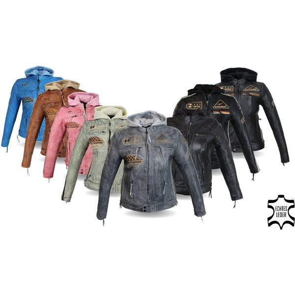 Alpha Speeds Motorradjacke - /Freizeit Damen Lammlederjacke Bikerjacke Highway 11 (mit einer abnehmbaren Kapuze) aus weichem Lammleder, inklusive einsetzbarer P