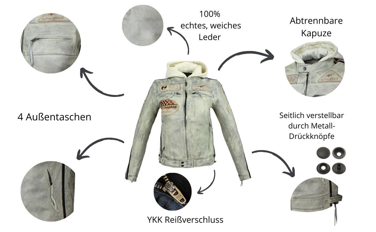 Alpha Speeds Motorradjacke - /Freizeit Herren Lammlederjacke Bikerjacke Highway 11 (Abnehmbares Innenfutter und Kapuze, (NEUE VERSION 2025) Aus weichem Lammlede – Bild 3 von 5
