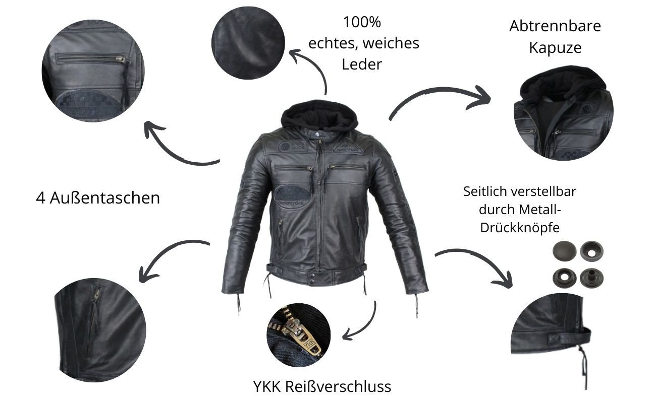 Alpha Speeds Motorradjacke - /Freizeit Herren Lammlederjacke Bikerjacke Highway 11 (Abnehmbares Innenfutter und Kapuze, (NEUE VERSION 2025) Aus weichem Lammlede – Bild 3 von 5
