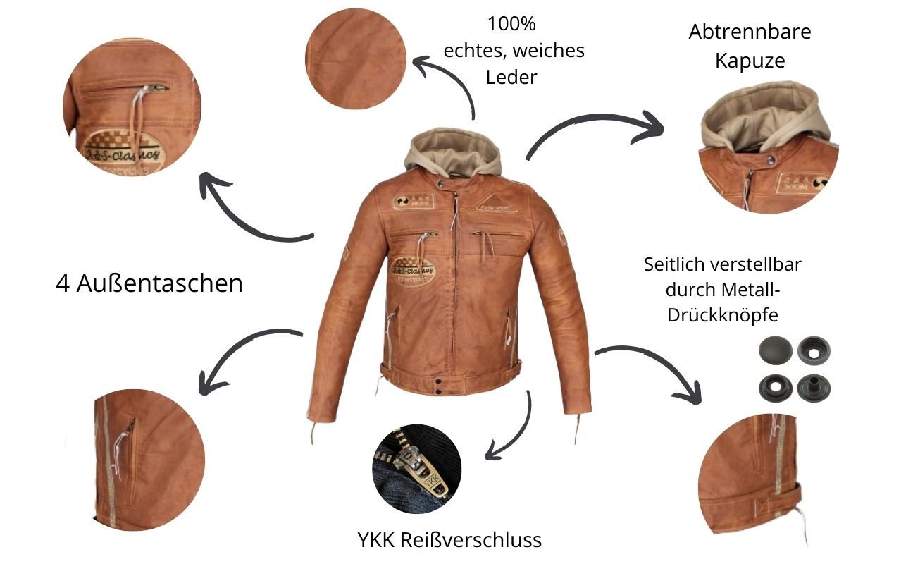 Alpha Speeds Motorradjacke - /Freizeit Herren Lammlederjacke Bikerjacke Highway 11 (Abnehmbares Innenfutter und Kapuze, (NEUE VERSION 2025) Aus weichem Lammlede – Bild 3 von 5