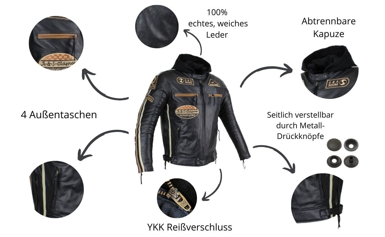 Alpha Speeds Motorradjacke - /Freizeit Herren Lammlederjacke Bikerjacke Highway 11 (Abnehmbares Innenfutter und Kapuze, (NEUE VERSION 2025) Aus weichem Lammlede – Bild 3 von 5