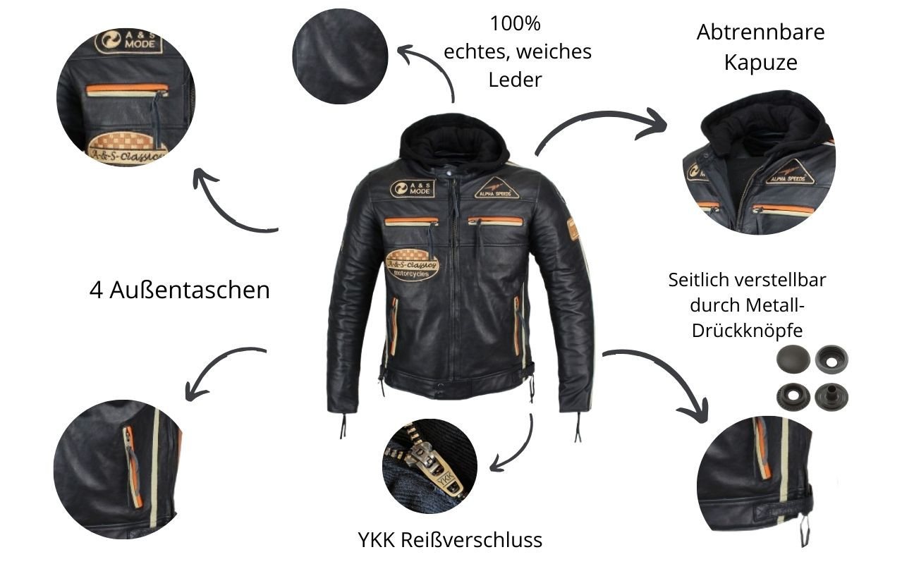 Alpha Speeds Motorradjacke - /Freizeit Herren Lammlederjacke Bikerjacke Highway 11 (Abnehmbares Innenfutter und Kapuze, (NEUE VERSION 2025) Aus weichem Lammlede – Bild 3 von 5