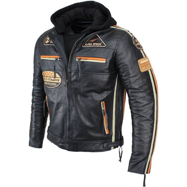 Alpha Speeds Motorradjacke Herren Leder Jacke Biker Freizeit Highway Jacke Orange/Beige Streifen (Trennbare Innenjacke + Kapuze) aus weichem Lammleder, mit hera