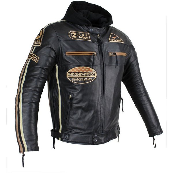 Alpha Speeds Motorradjacke Herren Leder Jacke Biker Freizeit Highway Jacke Braun/Beige Streifen (Trennbare Innenjacke + Kapuze) aus weichem Lammleder, mit herau