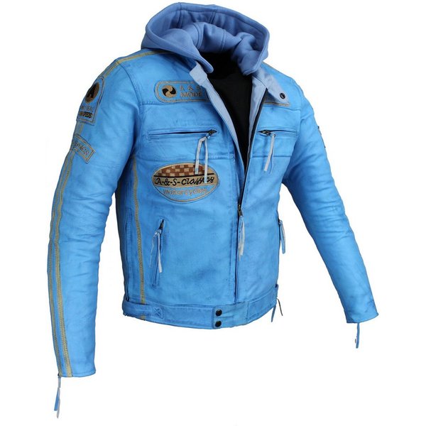 Alpha Speeds Motorradjacke Herren Leder Jacke Biker Freizeit Highway Jacke Blau (Trennbare Innenjacke + Kapuze) aus weichem Lammleder, mit herausnehmbare Protek