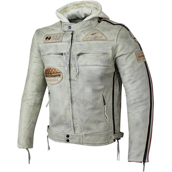 Alpha Speeds Motorradjacke Herren Leder Jacke Biker Freizeit Highway Jacke Weiß (Trennbare Innenjacke + Kapuze) aus weichem Lammleder, mit herausnehmbare Protek