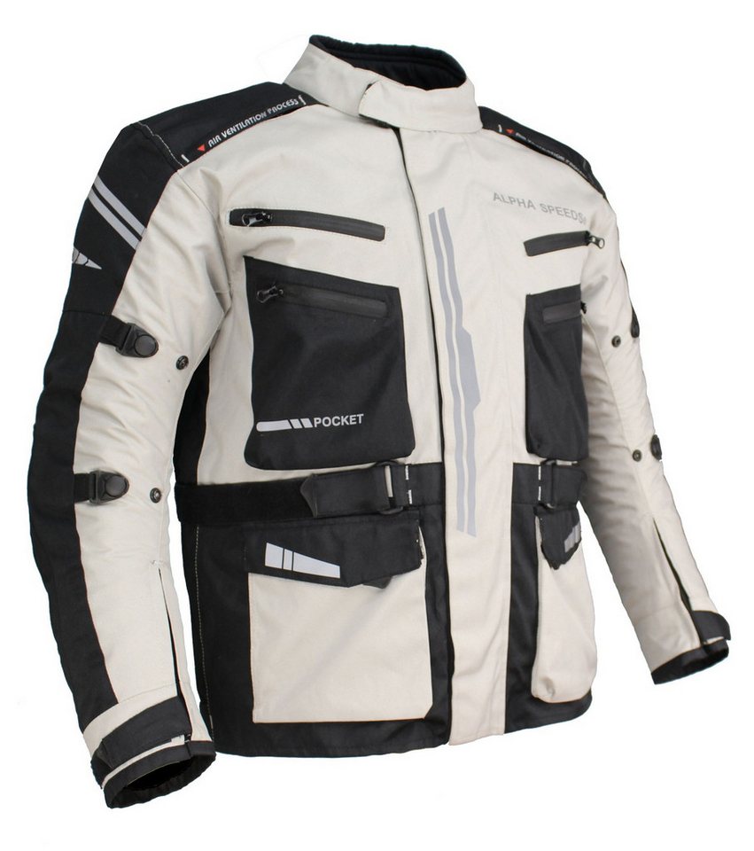 Alpha Speeds Motorradjacke JET PRO, All-Saison Motorradjacke inklusive Protektoren (2026) Abnehmbares Membran + Futter, 7 Belüftungen, 10 Taschen, in Off-White – Bild 2 von 5