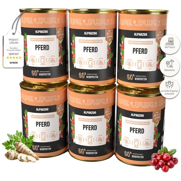 ALPHAZOO Monoprotein Pferd Nassfutter für Hunde 6x400g, getreidefreies Hundefutter für sensible Hunde, Nassfutter für: Hunde, Hypoallergenes Futter mit Single P