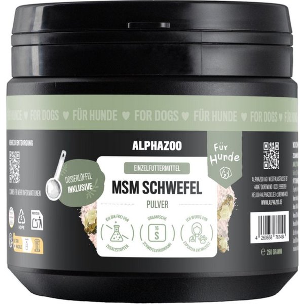 ALPHAZOO MSM Pulver 250 g für Hunde 99,9 % organischer Schwefel, Ergänzungsfutter für: Hunde, Methylsulfonylmethan für den Bewegungsapparat